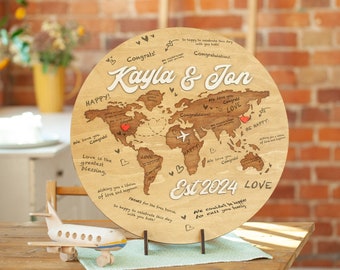 Custom Wedding Guest Book Circle, World Map Guestbook Alternative Handcrafted Wood Guest Book Decor, Guest Book Sign Boho Decorations