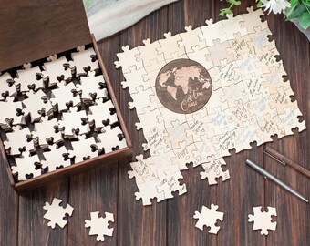 Alternative Wedding Guest Book Puzzle, Personalized Wooden Puzzle World Map with Names, Wedding Puzzle, Custom Puzzle Wedding Decor