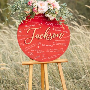 Personalized Wedding Guest Book Alternative, Wooden Guest Book Custom Letter, Unique Guestbook with Circle Red Guestbook Design Wedding Gift image 5