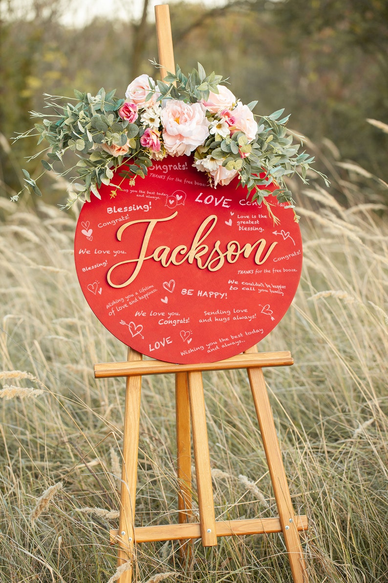 Personalized Wedding Guest Book Alternative, Wooden Guest Book Custom Letter, Unique Guestbook with Circle Red Guestbook Design Wedding Gift image 5