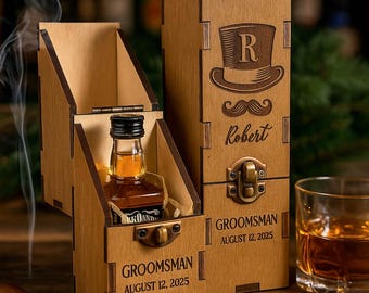 Groomsman Proposal Alcohol Box, Personalized Groomsmen Gift Box, Custom Engraved Bachelor Party Box, Wooden Whiskey Gift Set