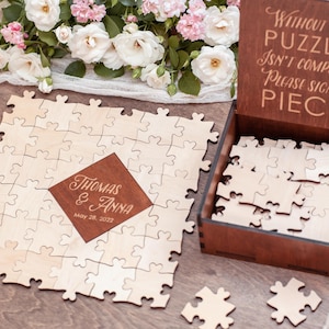 Kundenspezifisches Hochzeitsgästebuch Puzzle, Puzzle Jahrestagsgeschenk Personalisiertes Namenshochzeitspuzzle, Hochzeitsgästebuch aus Holz Alternative