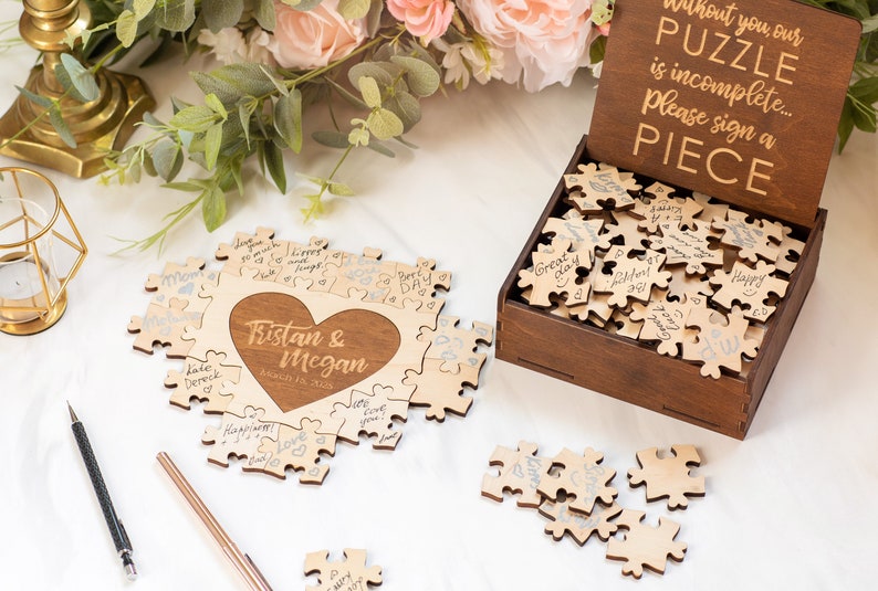 Wedding Puzzle, Wedding Guest Book Puzzle, Heart Puzzle Guestbook, Wooden Guest Book Alternative, Jigsaw Puzzle Anniversary Gift Name Puzzle image 3