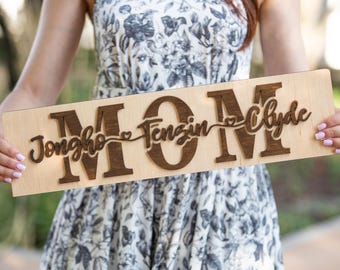 Letrero personalizado para el Día de la Madre, letrero de madera con el nombre de los niños para mamá, letrero personalizado con el nombre de los niños para mamá.