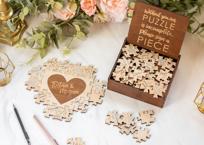 Wedding Puzzle, Wedding Guest Book Puzzle, Heart Puzzle Guestbook, Wooden Guest Book Alternative, Jigsaw Puzzle Anniversary Gift Name Puzzle image 2