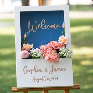 Cartello di benvenuto con scatola di fiori, cartello in legno per feste, regalo di nozze, cartello di benvenuto bianco per matrimonio, cartello di benvenuto per addio al nubilato, scatola di fiori per matrimonio