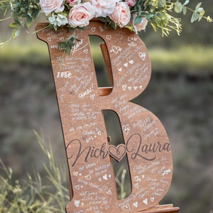 Wedding Guest Book Big Letter Your Last Name with Names and Dates Natural Wood Laser Engraved
