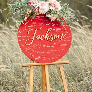 Personalized Wedding Guest Book Alternative, Wooden Guest Book Custom Letter, Unique Guestbook with Circle Red Guestbook Design Wedding Gift image 7