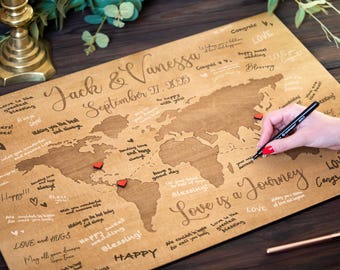 Wedding World Map, Personalized Wood Map Guest Book Destination Wedding Decor, Adventure Awaits Custom Guestbook with Hearts