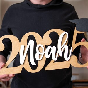 May include: A wooden sign with the year 2025 and the name Noah in white lettering. A black graduation cap is on top of the 5. The sign is held by a person.
