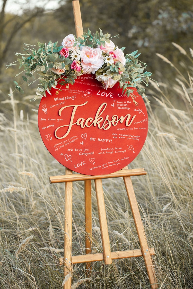 Personalized Wedding Guest Book Alternative, Wooden Guest Book Custom Letter, Unique Guestbook with Circle Red Guestbook Design Wedding Gift image 1