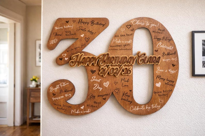 Op de afbeelding: Houten verjaardagsdecoratie in de vorm van het cijfer 30, met de tekst "Happy Birthday Clara" en de datum 21/03/26. Het cijfer is versierd met hartjes en verjaardagswensen in witte letters.