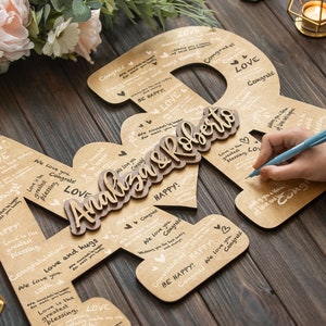 Livro de visitas personalizado, placa com nomes de casais de casamento, letras de madeira gravadas, alternativa para livro de visitas de casamento, decoração de carta de casamento personalizada