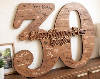 May include: A wooden birthday decoration in the shape of the number 30. The numbers are brown with engraved text and hearts. The words "Happy Birthday Clara" and the date are in the center.