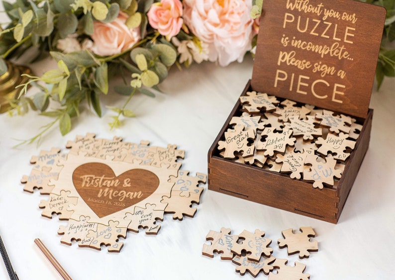 Wedding Puzzle, Wedding Guest Book Puzzle, Heart Puzzle Guestbook, Wooden Guest Book Alternative, Jigsaw Puzzle Anniversary Gift Name Puzzle image 1