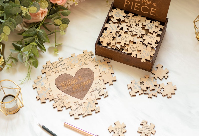 Wedding Puzzle, Wedding Guest Book Puzzle, Heart Puzzle Guestbook, Wooden Guest Book Alternative, Jigsaw Puzzle Anniversary Gift Name Puzzle image 4
