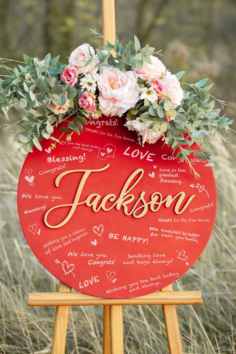 Personalized Wedding Guest Book Alternative, Wooden Guest Book Custom Letter, Unique Guestbook with Circle Red Guestbook Design Wedding Gift image 6