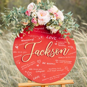 Personalized Wedding Guest Book Alternative, Wooden Guest Book Custom Letter, Unique Guestbook with Circle Red Guestbook Design Wedding Gift image 3