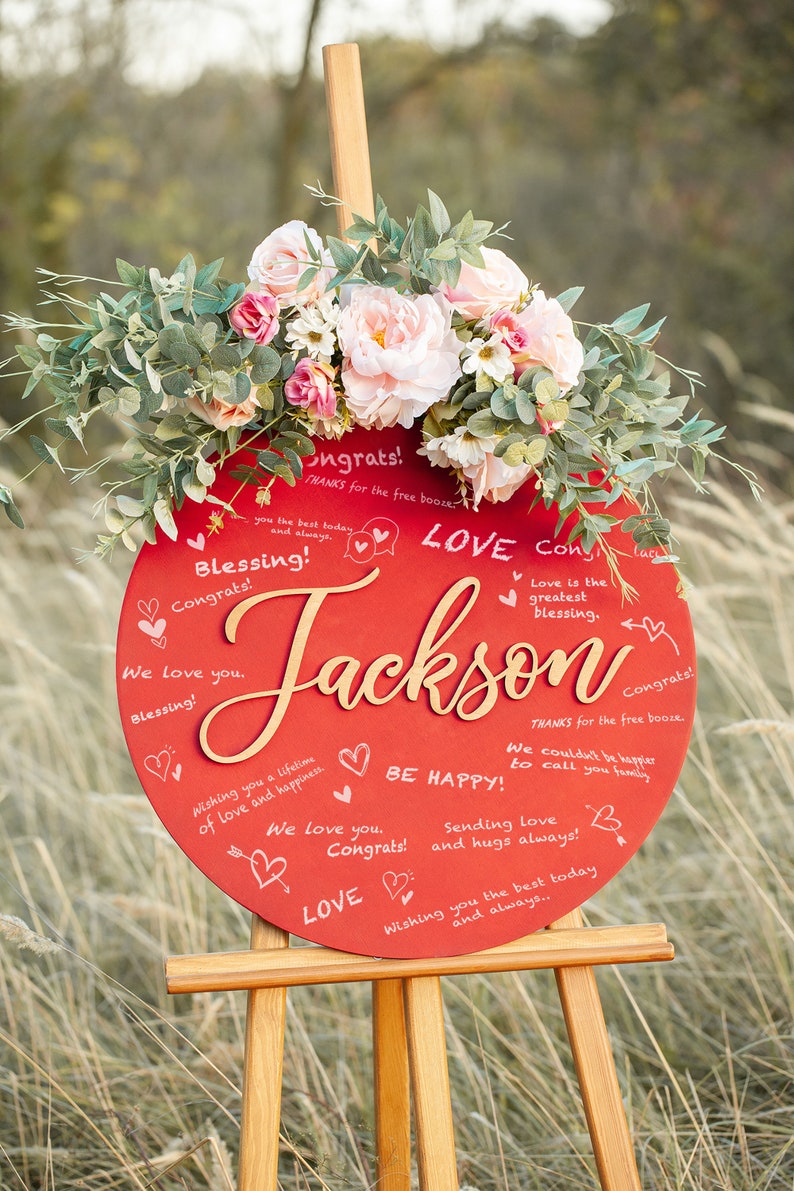 Personalized Wedding Guest Book Alternative, Wooden Guest Book Custom Letter, Unique Guestbook with Circle Red Guestbook Design Wedding Gift image 3