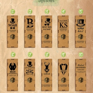 May include: Wooden boxes with various designs for groomsmen gifts. Each box features a unique design, including initials, names, and dates. The boxes are personalized with text and graphics, such as bow ties, top hats, and suit designs.