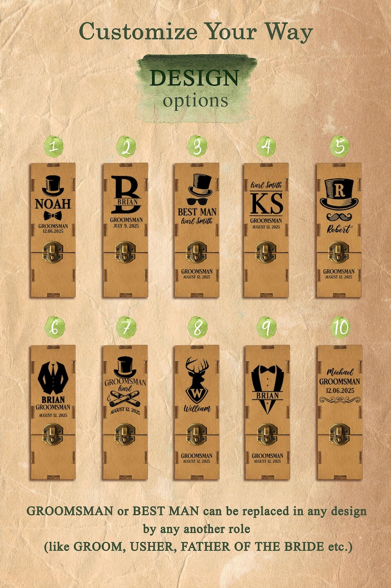 May include: Wooden boxes with various designs for groomsmen gifts. Each box features a unique design, including initials, names, and dates. The boxes are personalized with text and graphics, such as bow ties, top hats, and suit designs.