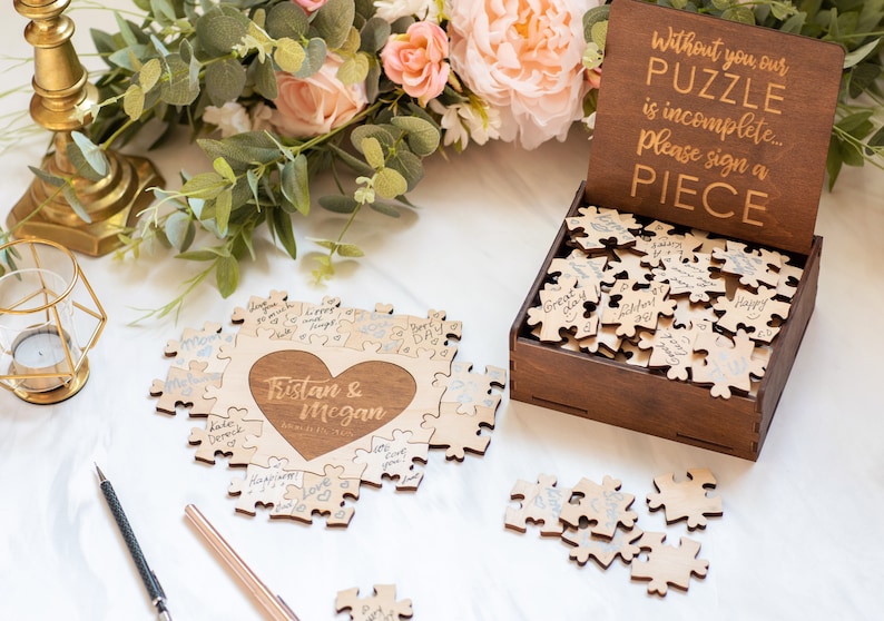 Wedding Puzzle, Wedding Guest Book Puzzle, Heart Puzzle Guestbook, Wooden Guest Book Alternative, Jigsaw Puzzle Anniversary Gift Name Puzzle image 5