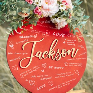 Personalized Wedding Guest Book Alternative, Wooden Guest Book Custom Letter, Unique Guestbook with Circle Red Guestbook Design Wedding Gift image 2