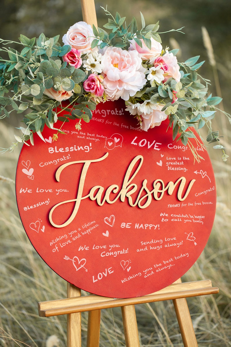Personalized Wedding Guest Book Alternative, Wooden Guest Book Custom Letter, Unique Guestbook with Circle Red Guestbook Design Wedding Gift image 2