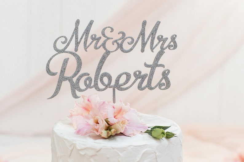 Silver Cake Topper Wedding, Custom Cake Topper, Mr & Mrs Cake Topper, Personalized Cake Topper, Rustic Cake Topper, Wood Wedding Cake Topper image 2