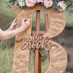 Pu&ograve; includere: Un cartello di legno a forma delle lettere "B" ed "R" con le parole "the Brooks" al centro. Il cartello &egrave; decorato con fiori e ha molti messaggi scritti a mano.