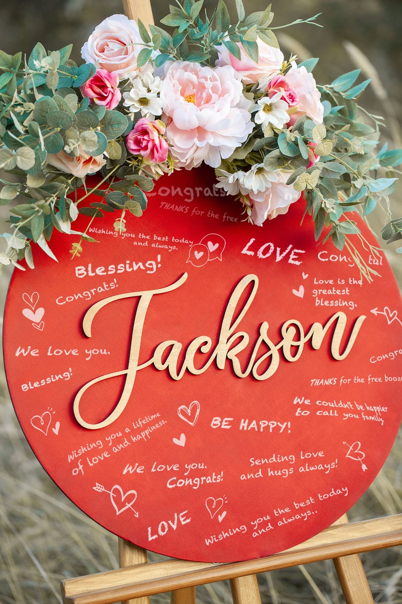 Personalized Wedding Guest Book Alternative, Wooden Guest Book Custom Letter, Unique Guestbook with Circle Red Guestbook Design Wedding Gift image 4