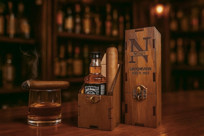 May include: A wooden groomsman gift set featuring a miniature bottle of Jack Daniel's, a cigar, and a rocks glass with amber liquid. The set includes a personalized wooden box with the name "NOAH" and the date "JULY 9, 2025".