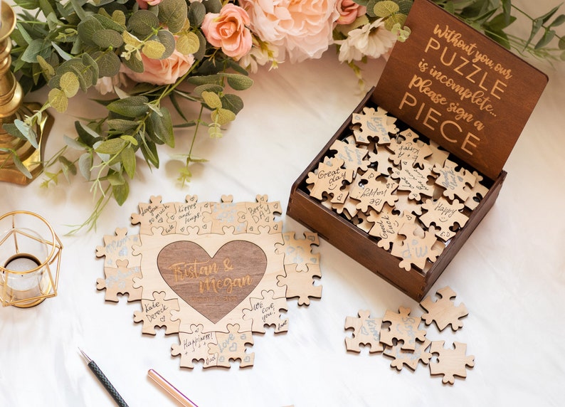 Wedding Puzzle, Wedding Guest Book Puzzle, Heart Puzzle Guestbook, Wooden Guest Book Alternative, Jigsaw Puzzle Anniversary Gift Name Puzzle image 6
