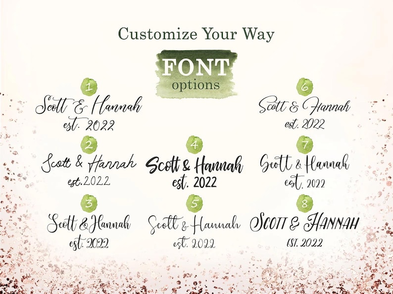 May include: Eight different font options for a personalized "Scott & Hannah est. 2022" design. The fonts are displayed in a circle with numbers 1 through 8.