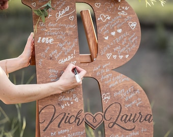 Personalized Wedding Guest Book Big Letter Your Last Name with Names and Dates Natural Wood Laser Engraved Wonderful Anniversary Gift