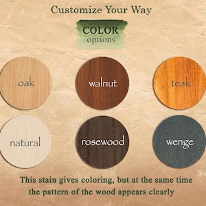 May include: Image showing six circular wood samples in various colors: oak, walnut, teak, natural, rosewood, and wenge. The text "Customize Your Way" and "COLOR options" are at the top. The text at the bottom says, "This stain gives coloring, but at the same time the pattern of the wood appears clearly."