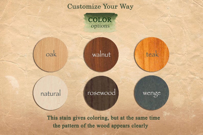 May include: Image showing six circular wood samples in various colors: oak, walnut, teak, natural, rosewood, and wenge. The text "Customize Your Way" and "COLOR options" are at the top. The text at the bottom says, "This stain gives coloring, but at the same time the pattern of the wood appears clearly."