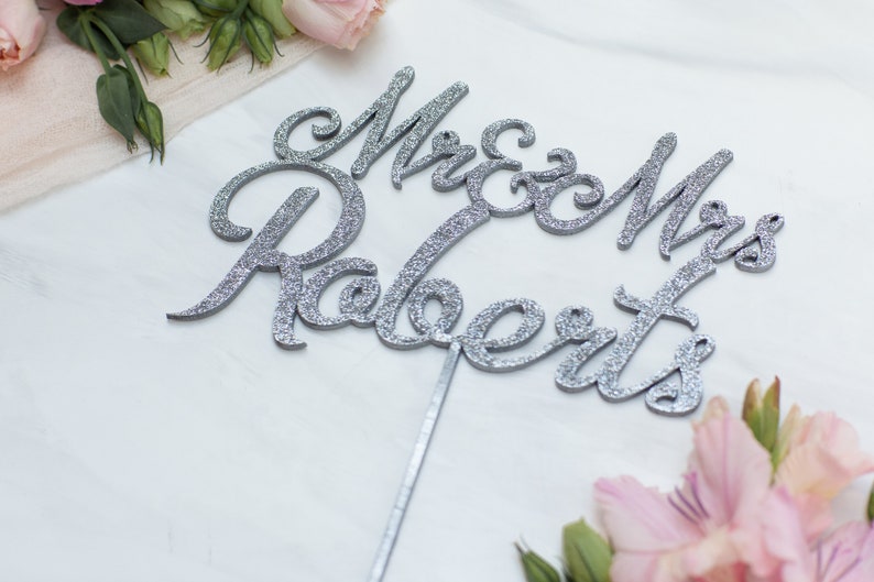 Silver Cake Topper Wedding, Custom Cake Topper, Mr & Mrs Cake Topper, Personalized Cake Topper, Rustic Cake Topper, Wood Wedding Cake Topper image 5