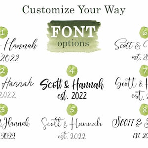 Pu&ograve; includere: Otto diverse opzioni di font per un cartello personalizzato con il testo "Scott & Hannah est. 2022". Il testo &egrave; in uno stile di scrittura a mano. L'immagine include anche il testo "Personalizza a tuo modo" e "Mister Wooded".