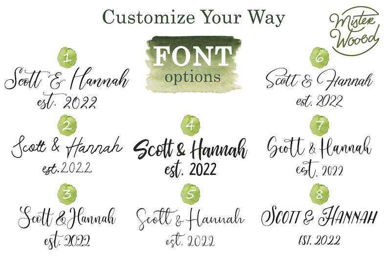 Pu&ograve; includere: Otto diverse opzioni di font per un cartello personalizzato con il testo "Scott & Hannah est. 2022". Il testo &egrave; in uno stile di scrittura a mano. L'immagine include anche il testo "Personalizza a tuo modo" e "Mister Wooded".