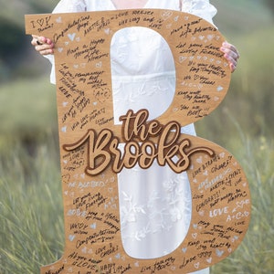 Pu&ograve; includere: Un cartello di legno a forma della lettera B con le parole "the Brooks" scritte in corsivo. Il cartello &egrave; decorato con cuori e messaggi scritti con un pennarello nero.