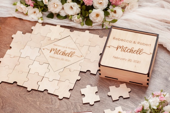 Personalised wooden wedding rose place name guest book jigsaw puzzle  keepsake
