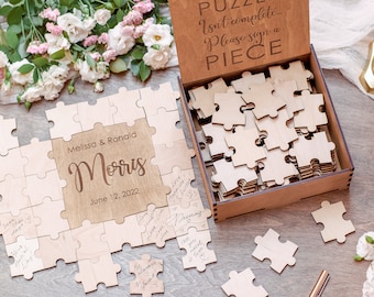 Wooden Wedding Puzzle Alternative Guest Book Personalized With Your Names and Wedding Date Natural Wood Anniversary Gift
