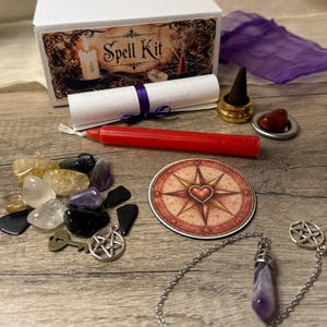 Small Witchy Intention Box Set – Candle Ritual Kit w Crystal, Incense, Holder and Amethyst Pendulum | Spell Scroll | Witchy Gift & Spiritual