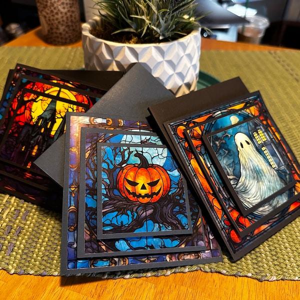 Rustic Witch Custom Stained Glass Holiday Greeting Cards-Halloween