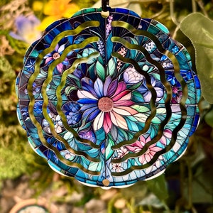 Flowers in Stained Glass Style - 8 Inch Aluminum Wind Spinner | Matching 3 in. Sail