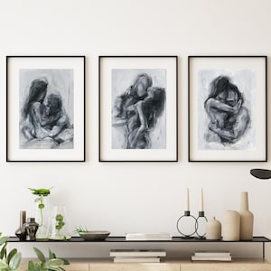 Set of 3 Original Paintings, Black and White Sensual Art, Bedroom Wall Decor