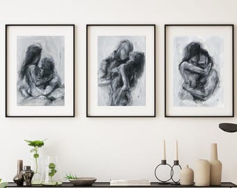 Set of 3 Original Paintings, Black and White Sensual Art, Bedroom Wall Decor