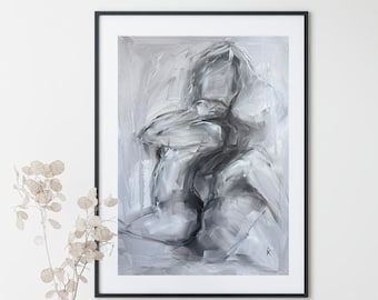 Abstract Lovers Oil Painting on Textured Canvas Paper - Monochrome A3 Art