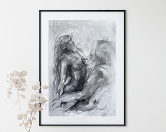 Abstract Lovers Oil Painting on Textured Canvas Paper - Monochrome A3 Art